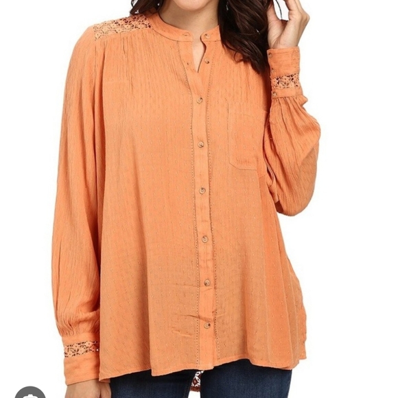 Free People Women's Orange Button-Up Top Oversize - Picture 2 of 9